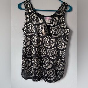 Fourteenth Place Sz Large Tank Top Shiny Roses Black Silver NWT